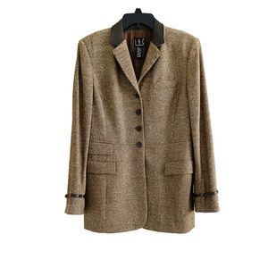 INC International Concepts Brown Wool Silk Faux Leather Trim Tweed Jacket 14
